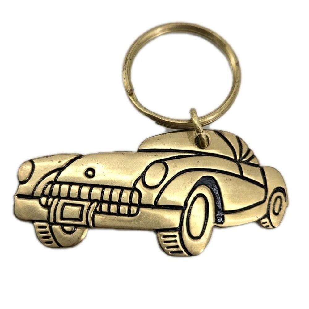 Vintage 1980s Russ Corvette Car Brass Keychain Made In Taiwan T20